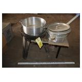 fryer stand, pots, lids, etc