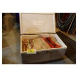 Metal Coleman cooler w/2 50lb bags silica sand