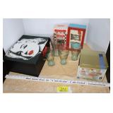 Coke glasses, musical bank, dessert cups