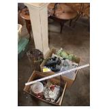 pedestal, rugs, baskets, decor