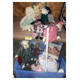 small wooden cabinet, dolls, bears, etc