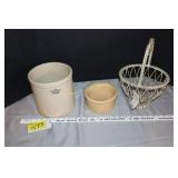 2 crocks & wire basket
