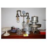 Cake stands, lamp, serving items, etc