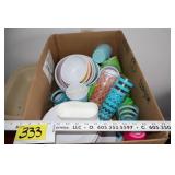 Plastic bowls, cups, plates, lass drinking glasses