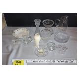 Pitchers, candle holders, misc glassware