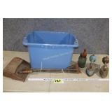 Vintage irons, bottle, etc