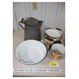 Enamel Pots, Pans, and Kettle