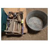 antique car light, galvanized bushel basket,