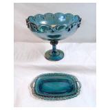 2 Vintage Blue Indiana Carnival Glass Pieces