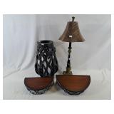 Decor Lot Including a pair of Wall Shelves, Table