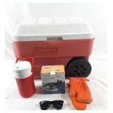 Coleman cooler on wheels, pocketalker pro, water