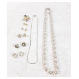 5 pairs of unmarked earrings, 925 necklace, 925