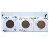 Three USA Large Cents - 1842, 1853, & 1854