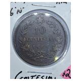 Very Fine 1866 Italy 10 Centesimi Coin