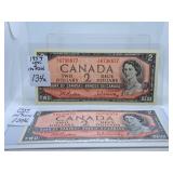 1954 Two Dollar Bills Two in a Row or Sequence