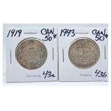 Canadian 50 Cent Pieces - 1919 & 1943
