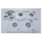 Five Silver Canadian Dimes -1910, 1913, 1914,