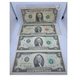U.S.A. 1977 One Dollar Bill and Three Two Dollar