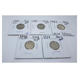 Five Canadian Silver Dimes 1934, 1936, 1937, 1938