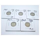 Five Canadian Silver Dimes 1900, 1902H, 1903H,