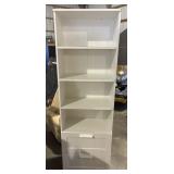 White melamine bookshelf with drawers