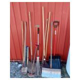 Garden tool lot shovels, rake, spade, edger, etc
