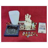 Decorator tray, glass vase, costume jewelry,