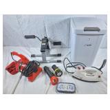 Stationary foot bike, dirt devil vacuum, garbage,