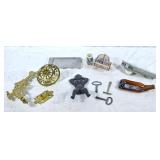 Brass wall sconce, cast iron figurine, ash trays,