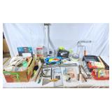 Stanley level, painting supplies, pry bar, nails,