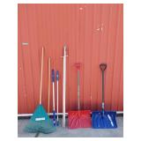 2 snow shovels, rake , 2 telescopic handles,