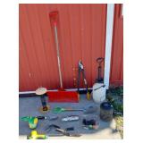 Shovels, garden tools, hand held sprayer, etc