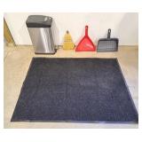 Trash can, mat, dust pans, and hand held broom.