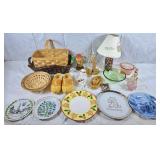 Baskets, mason jar light, decorative plates,