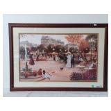 Parisian street scene with figures, cafes, and a