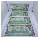 Four Uncirculated 1967 One Dollar Bills with No
