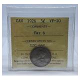 ICCS Graded Very Fine 1926 Canada Nickel with a
