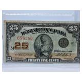 1923 Dominion of Canada Twenty Five Cent Bill