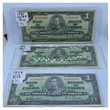 Three 1937 Canada One Dollar Bills
