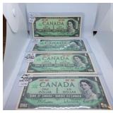 Four 1967 Canada One Dollar Bills with No Serial