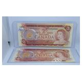 Two in a Row 1974 Canada Two Dollar Bills