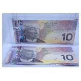 Two in a Row 2005 Ten Dollar Bills. Hard to Find.