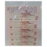 Five in Sequence 1986 Canada Two Dollar Bills