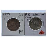 1945 and 1947 Canada 50 Cent Pieces