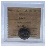 ICCS Graded Mint State 1977 Canada Nickel with