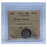 ICCS Graded Very Good 1913 Canada Dime with Broad