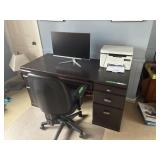 Computer desk, computer chair, and floor mat