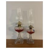 2 matching glass base oil lamps tallest 19in