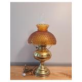Electric Brass Oil Lamp w/Hobnail Amber Glass