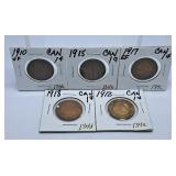 1910, 1915, 1917 and 1918 Canada Pennies
